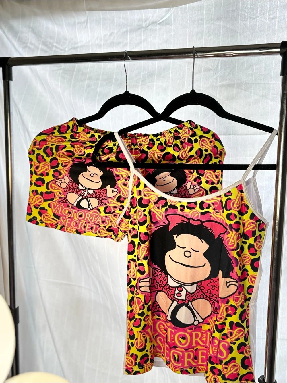 Victoria's Secret Neon Yellow Pink Black Mafalda Tank & Shorts Set